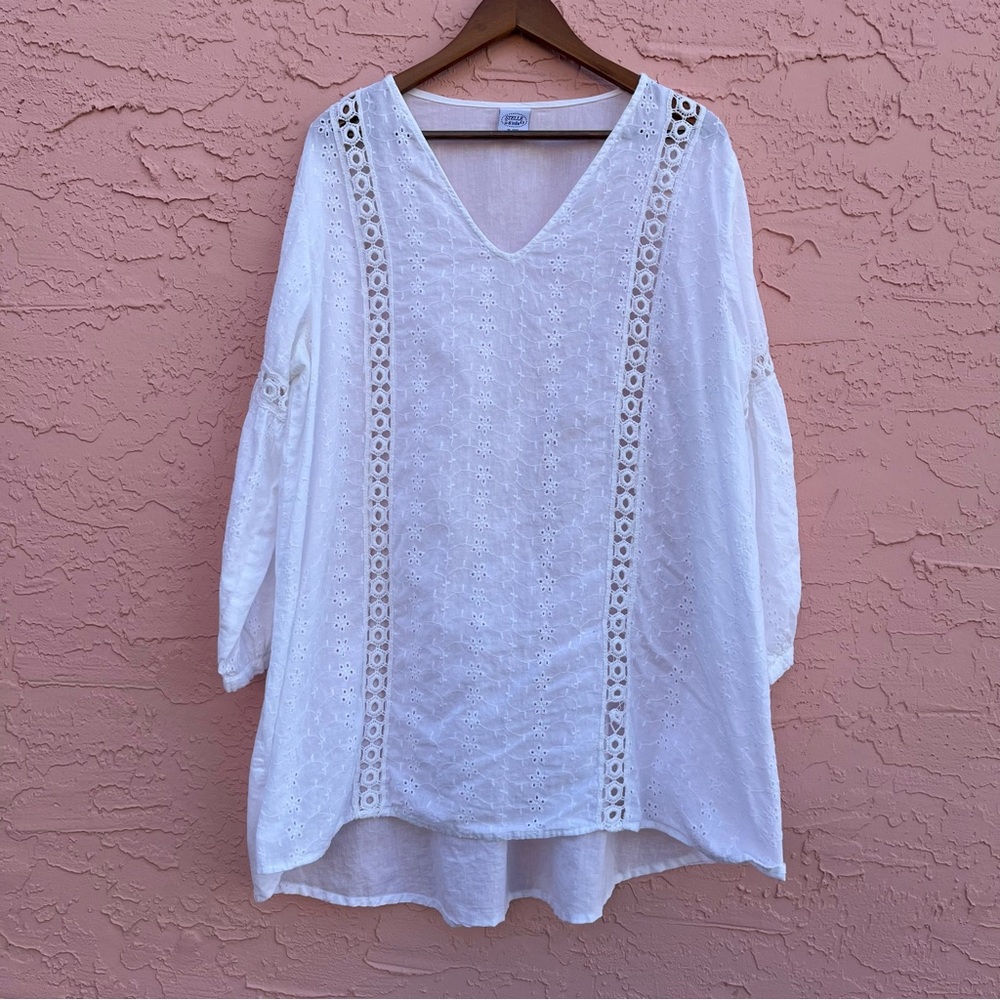 Stelle White Cotton Eyelet Dress Tunic Cover Up India Size Large